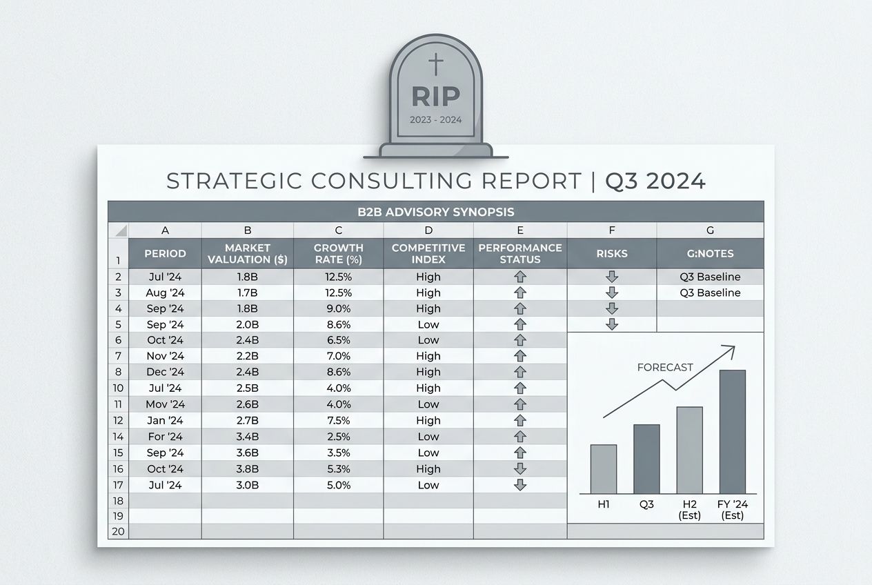 Ilustración minimalista de un reporte de Excel gris con una lápida de descanso en paz